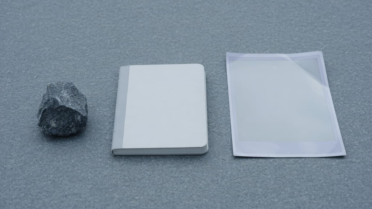 A stone, a notebook, and a blank print set side by side.