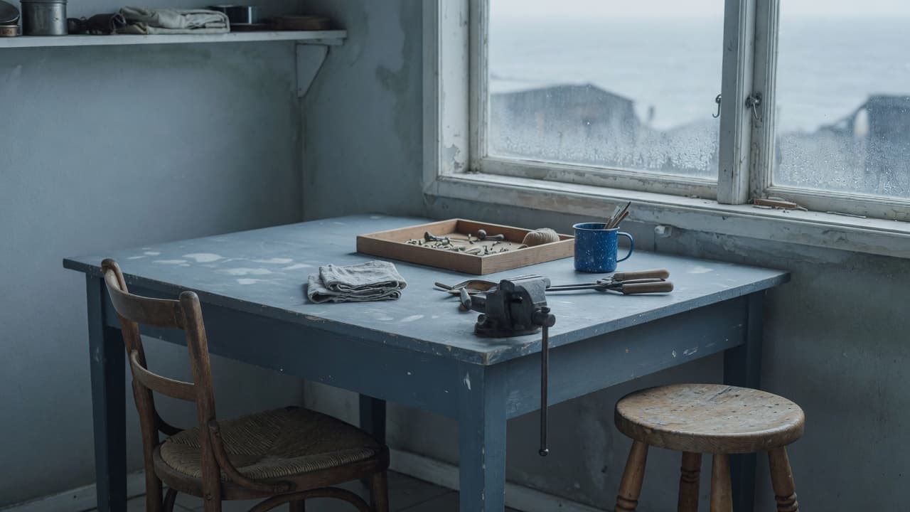 A worn workshop table by a window over the sea, tools laid out mid-task.
